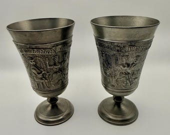 Vintage BMF Rein Zinn German Pewter Goblets (Pair, Embossed Scenes, Inscriptions)