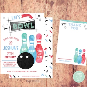 Bowling Party Einladung Junge, Aquarell Bowling Einladung Kit - Invite AND Thank You Card enthalten - druckbare oder gedruckte Option