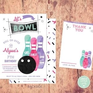 Convite para festa de boliche, kit de convite para boliche em aquarela - convite e cartão de agradecimento incluídos - opção para impressão ou impressão