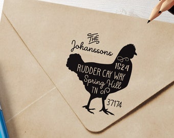 Rooster return address stamp, wood handle stamp, Rooster Theme Large Custom Address Stamp, Rooster Gift style 1003 - Lovely Little Party