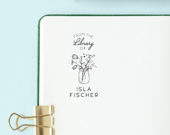 Boho Floral Jar Book Stamp, From the Library Stamp, self inking book stamp, wood handled stamp, made in USA, Sty 48 - Lovely Little Party