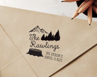 Mountains Trees custom self inking address stamp, Wilderness Address Stamp style 401 - Lovely Little Party