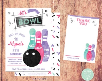 Bowling Party invitation, Watercolor Bowling Invitation Kit  - Invite AND Thank You Card included -Printable or Printed Option