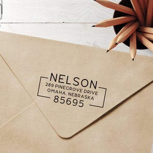 Modern custom return address stamp, self inking stamp or wood handle style 858 - Lovely Little Party