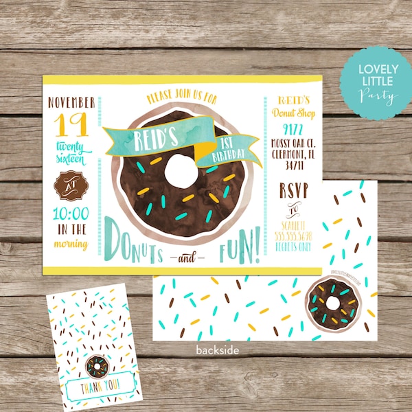 DIY Donut Birthday Invitation Kit 2 Darker Donut - Invite AND Thank You Card included