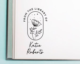 Modern Floral Book Stamp, From the Library Stamp, self inking book stamp, wood handled book stamp, made in USA, Sty 35 - Lovely Little Party