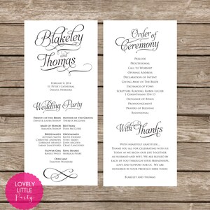 May include: A wedding ceremony order of service and wedding party information card. The order of service includes the prelude, processional, call to worship, opening address, declaration of intent, giving away of the bride, exchange of vows, scripture reading, exchange of rings, pronouncement, prayers of blessing, and recessional. The wedding party information card includes the names of the parents of the bride and groom, maid of honor, best man, bridesmaids, groomsmen, flower girl, and ring bearer. The text "Blakeley and Thomas" is at the top of the card.