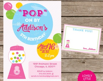 DIY afdrukbare Vintage Bubblegum uitnodiging Kit Girl - uitnodiging en bedankkaart inbegrepen