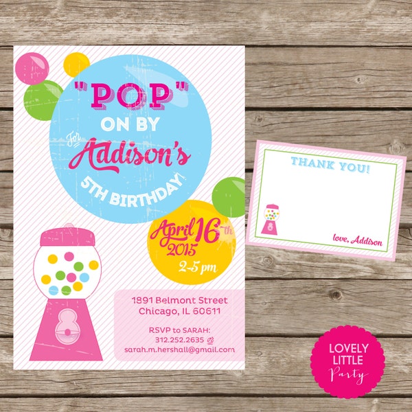 Kit d'invitation Bubblegum vintage imprimable DIY Fille - Invitation ET Carte de remerciement incluse