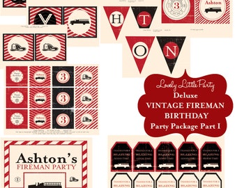 Personalized Printable Vintage Fireman Deluxe Birthday Package - LOVELY LITTLE PARTY