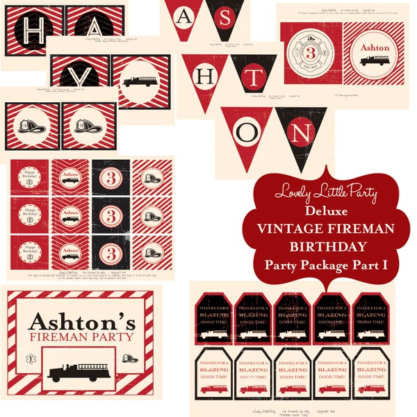 Personalized Printable Vintage Fireman Deluxe Birthday Package - LOVELY LITTLE PARTY