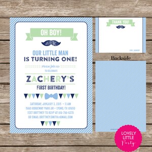 Kit d'invitations anniversaire petit homme moustache à imprimer soi-même - Invitation ET carte de remerciement incluses