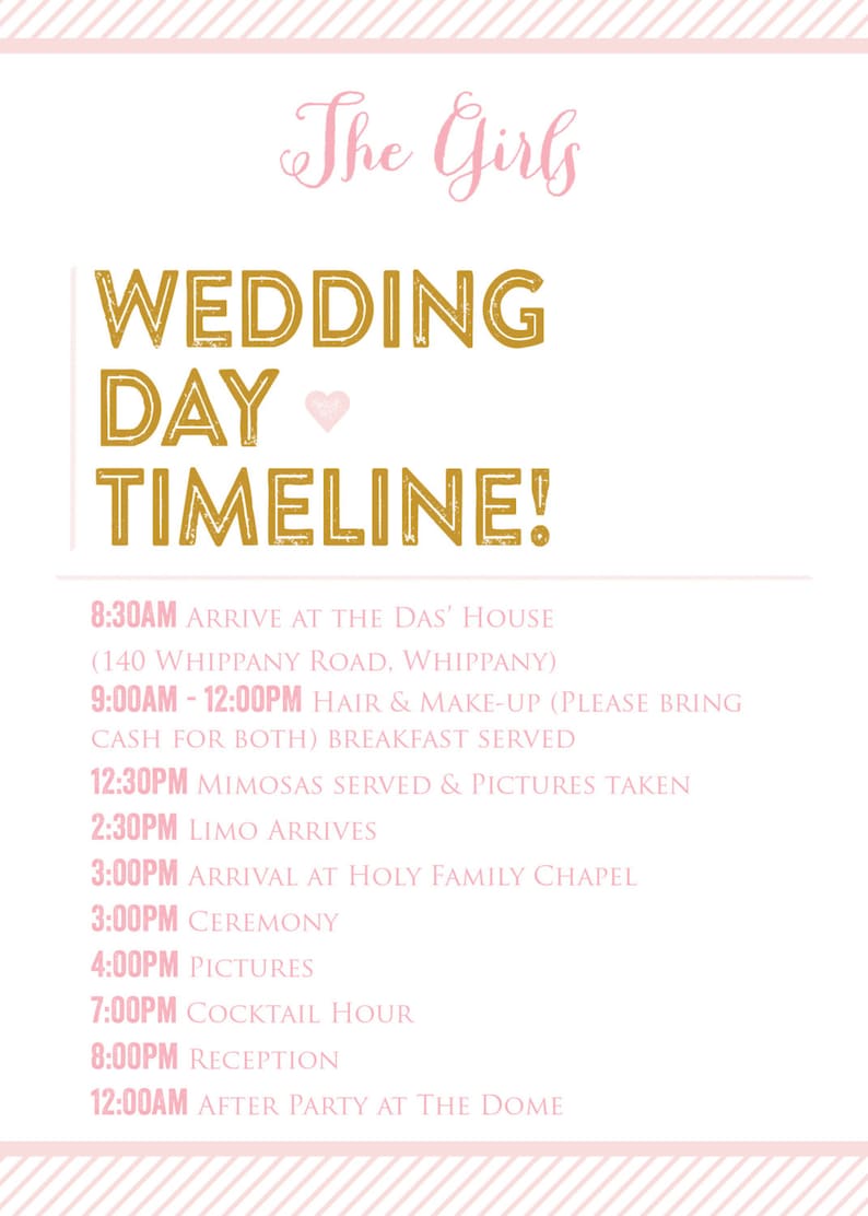 2piece Guys Girls Wedding Day Timeline Set DIY Printable