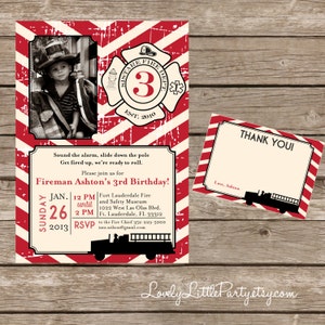 Kit di invito per compleanno pompiere vintage stampabile fai-da-te - Invito e biglietto di ringraziamento inclusi