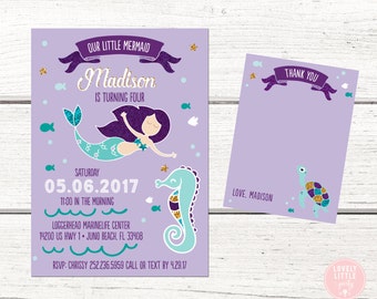 Unsere kleine Meerjungfrau Party Einladung, Meerjungfrau-Einladungs-Kit - Einladen UND Danke-Karte enthalten - Printable oder gedruckte Option