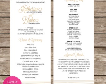 May include: Wedding ceremony programme with a gold and white design. The programme includes the order of ceremony and a list of the wedding party. The text reads "The marriage ceremony uniting Katherine and Blake" and "Wedding Party".
