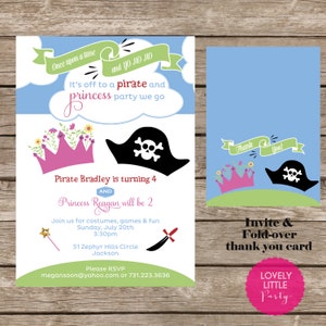 Kit de invitación de cumpleaños DIY de piratas y princesas: tarjeta de invitación y agradecimiento incluida