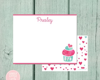 Cupcake Stationery, Kids Stationery, Cupcake Hearts Personalized Notecards, notecards, Girls Birthday Gift, Girls Gift - Lovely Little Party
