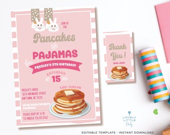 Instant Download- Pancakes and Pajamas Birthday Invitation and Favor Tags - Editable  - Lovely Little Party - 102ID