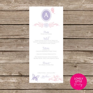 Battesimo stampabile fai-da-te, comunione, battesimo, carta del menu di compleanno - farfalle e rose