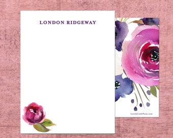 Purple Watercolor Florals Stationery, Female Stationery, Watercolor Personalized Notecards, Girl Birthday Gift - Lovely Little Party