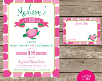 DIY Printable Turtle Birthday Invitation Kit Girl - Invite AND Thank You Card included