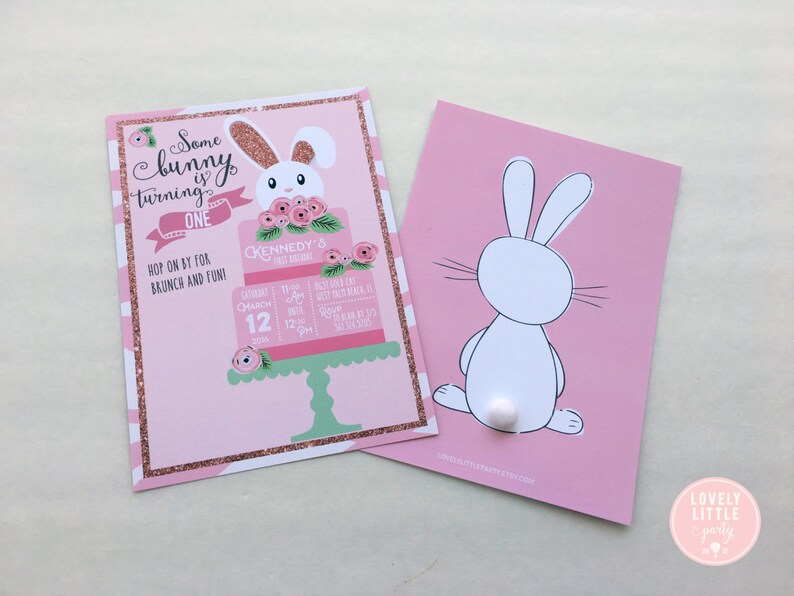 May include: Two pink birthday party invitations. One features a bunny cake design with the text "Some bunny is turning ONE." The other shows a white bunny silhouette with a fluffy tail. Both have a pink and white striped border.