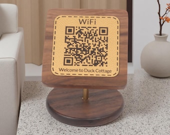 Custom Walnut QR Code Sign, Leather Face, Business WiFi Display Stand