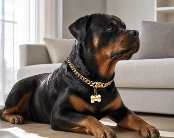 Collare per cani personalizzato con catena dorata, targhetta identificativa in osso incisa, maglia cubana in acciaio inossidabile.