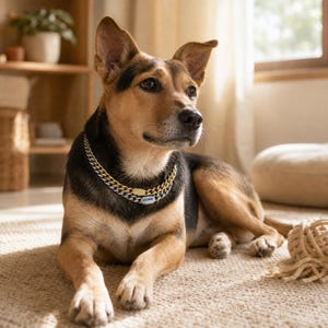 May include: A medium-sized dog with brown and black fur wearing a layered metal chain collar. The collar consists of a gold-toned cuban link chain and a silver-toned cuban link chain, featuring a small rectangular tag with the text SWEETS.