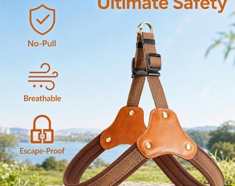 May include: A brown pet harness featuring woven fabric straps, tan leather-like triangular accents with gold-tone rivets, and a metal D-ring. Text on the image includes Ultimate Safety, No-Pull, Breathable, and Escape-Proof.