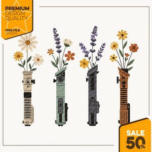 Puede incluir: Cuatro sables de luz estilizados con flores. Los sables de luz son de color beige, verde, gris y marr&oacute;n, cada uno con una disposici&oacute;n floral diferente de flores amarillas, naranjas y moradas. La imagen incluye el texto "PREMIUM DESIGN QUALITY" y "SALE 50%".