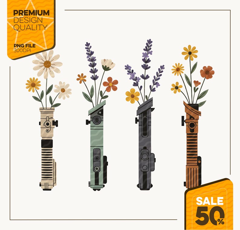 Puede incluir: Cuatro sables de luz estilizados con flores. Los sables de luz son de color beige, verde, gris y marr&oacute;n, cada uno con una disposici&oacute;n floral diferente de flores amarillas, naranjas y moradas. La imagen incluye el texto "PREMIUM DESIGN QUALITY" y "SALE 50%".
