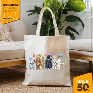 May include: Cream-colored tote bag featuring a colorful illustration of Star Wars characters with balloons. The bag has the text "PREMIUM DESIGN QUALITY" and "PNG FILE 300DPI" in the upper left corner. A "SALE 50%" sticker is in the lower right corner.