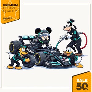 May include: A cartoon illustration featuring Mickey Mouse in a racing helmet driving a black and teal race car. Goofy is holding a fuel hose, Pluto is holding a tire, and Donald Duck is standing nearby. The car has the text "PETRONAS" and "UBS".