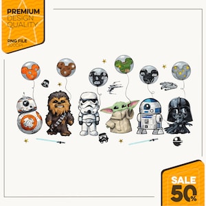 Może przedstawiać: Cyfrowa ilustracja przedstawiająca postacie z Gwiezdnych Wojen i balony tematyczne. Postacie obejmują BB-8, Chewbaccę, szturmowca, Grogu, R2-D2 i Dartha Vadera. Obraz zawiera tekst "PREMIUM DESIGN QUALITY" i "PNG FILE 300DPI".