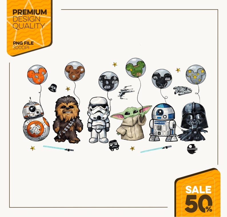 Może przedstawiać: Cyfrowa ilustracja przedstawiająca postacie z Gwiezdnych Wojen i balony tematyczne. Postacie obejmują BB-8, Chewbaccę, szturmowca, Grogu, R2-D2 i Dartha Vadera. Obraz zawiera tekst "PREMIUM DESIGN QUALITY" i "PNG FILE 300DPI".