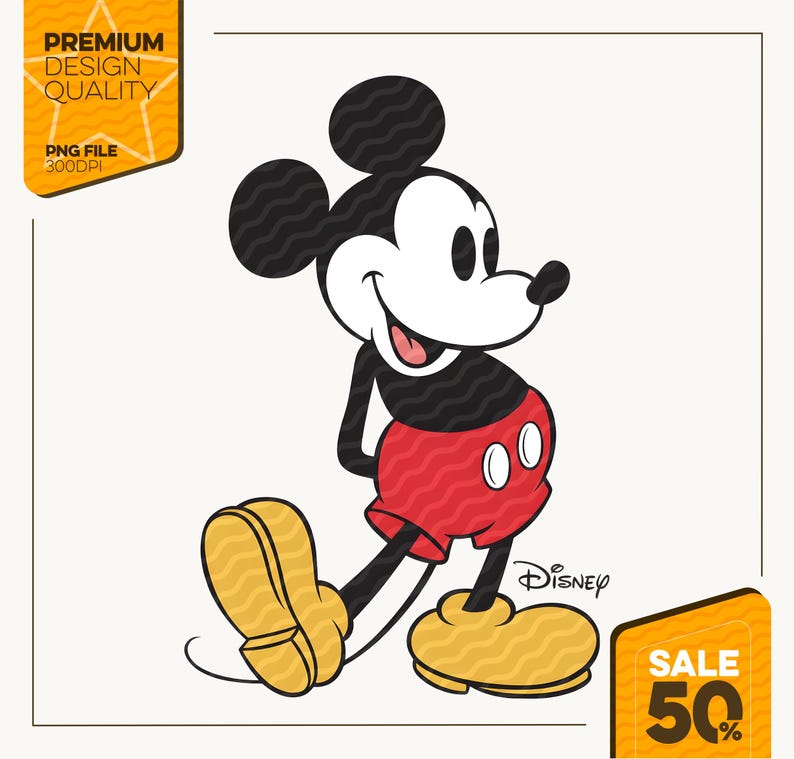 Pu&ograve; includere: Un'illustrazione a cartoni animati di Topolino, un popolare personaggio Disney. Topolino &egrave; raffigurato nel suo abbigliamento classico: pantaloncini rossi, scarpe gialle e guanti bianchi. L'immagine include il logo Disney e il testo che indica una vendita.