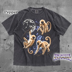 Puede incluir: Una camiseta gris carbón de manga corta con un estampado gráfico de tres monos en un cielo estrellado con una luna grande. El texto Pepper está impreso en la esquina superior izquierda y VSYOUNG en la esquina inferior derecha.