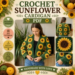 Crochet Sunflower Cardigan Pattern PDF, Granny Square Cardigan Crochet Pattern, Floral Boho Sweater Tutorial, Sunflower Jacket PDF