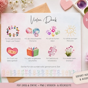 Könnte beinhalten: Eine digitale Download-Karte mit Aquarellillustrationen und den Worten "Vielen Dank". Die Karte zeigt Bilder von Kindern, Blasen, Handabdrücken, einer Sonne, einem Herzen, einem Buch, einem Puzzleteil und Blumen. Text enthält "Digitaler Download".
