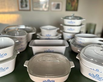 Vintage Pyrex Cornflower Casserole Dishes, Sauce Pans, Dutch Oven, and More!