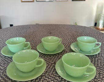 Vintage Anchor Hocking Fire King Jane Ray Jadeite Tea Cup and Saucer