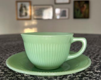 Vintage Anchor Hocking Fire King Jane Ray Jadeite Tea Cup and Saucer