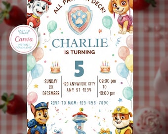 Invito di compleanno Paw Patrol, Invito di compleanno Puppy Patrol, Biglietto d'auguri Paw Patrol, Biglietto d'auguri Puppy Patrol, Biglietto di compleanno Canva.
