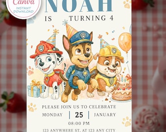 Paw Patrol verjaardagsuitnodiging, Puppy Patrol verjaardagsuitnodiging, Paw Patrol wenskaart, Puppy Patrol wenskaart, Canva verjaardagskaart.