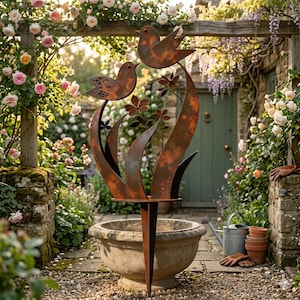 May include: A weathered metal garden stake featuring two stylized birds perched atop tall, curved blades and floral accents. The rusty brown sculpture is set in a stone planter, surrounded by a lush garden with climbing roses and a stone wall.