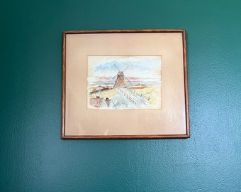 Vintage Watercolor Original Windmill Landscape Artwork in Antique Frame