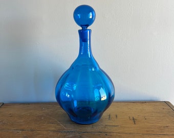 Vintage Blue Blenko Style Decanter Genie Bottle Handblown Glass