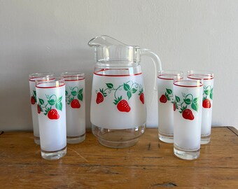 Vintage French Teleflora Strawberry Glass and Pitcher Set - 6 Glasses